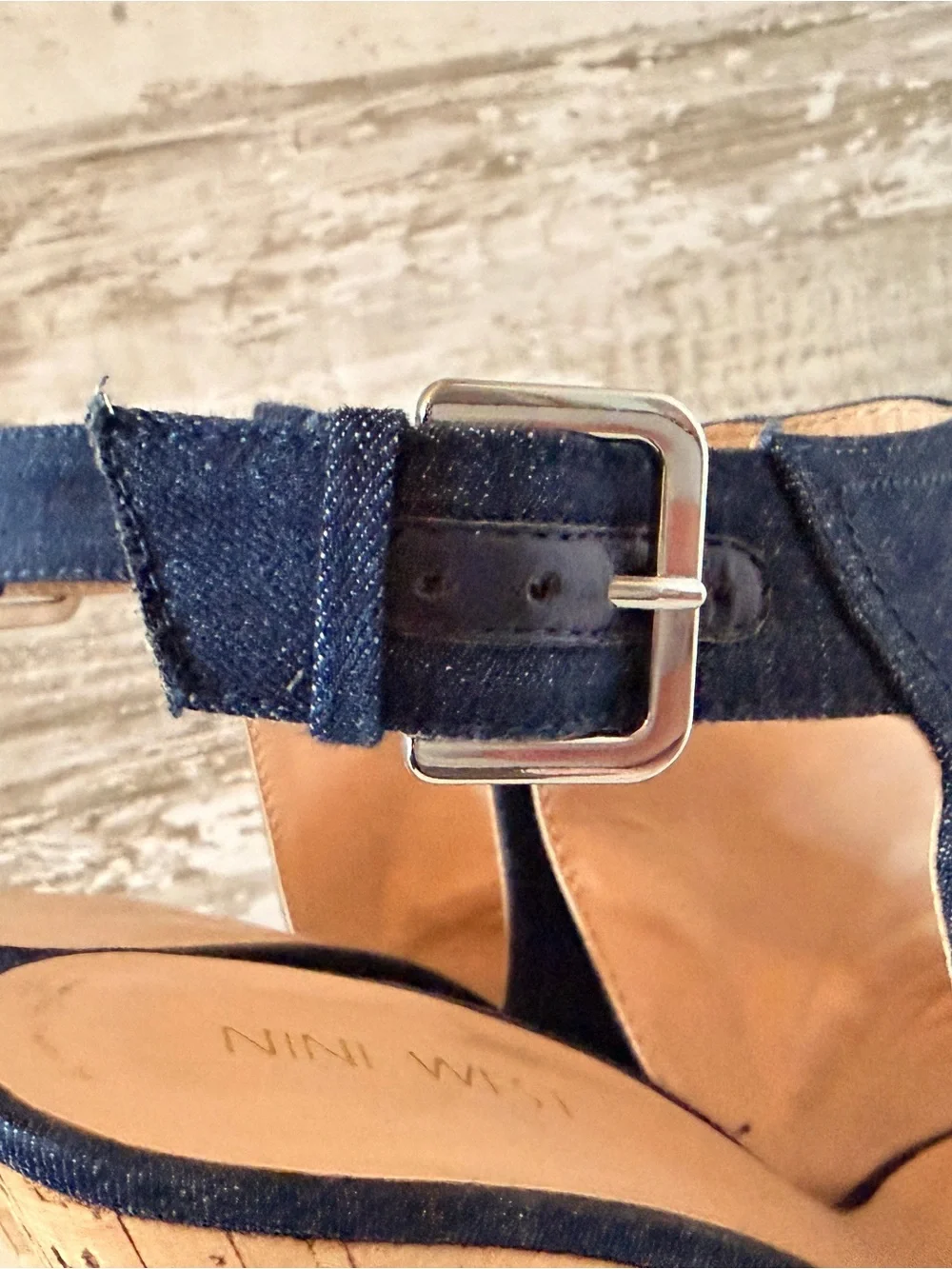 Nine West Denim Cork Wedge Peep-Toe Sandals - Dark Blue